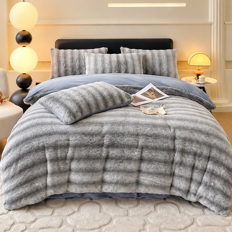 Winter Thickened Warm Faux Rabbit Fur Bedding Set Luxury Soft Fluffy Long Plush Duvet Cover Set Bed Sheet Pillowcases Queen King