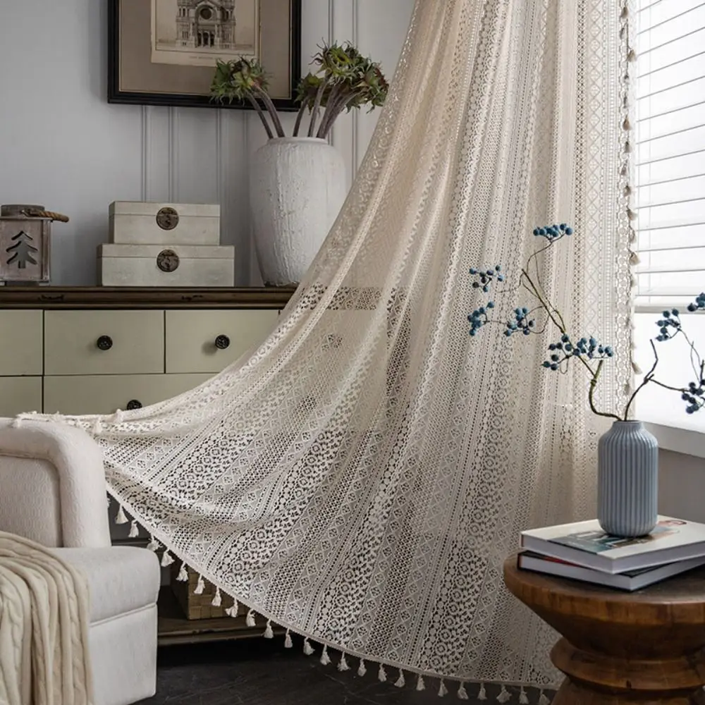 Retro Translucent Crochet Curtain Tassels Multi Size Cotton Curtain Beige Hollow Hollow Curtain Drapes