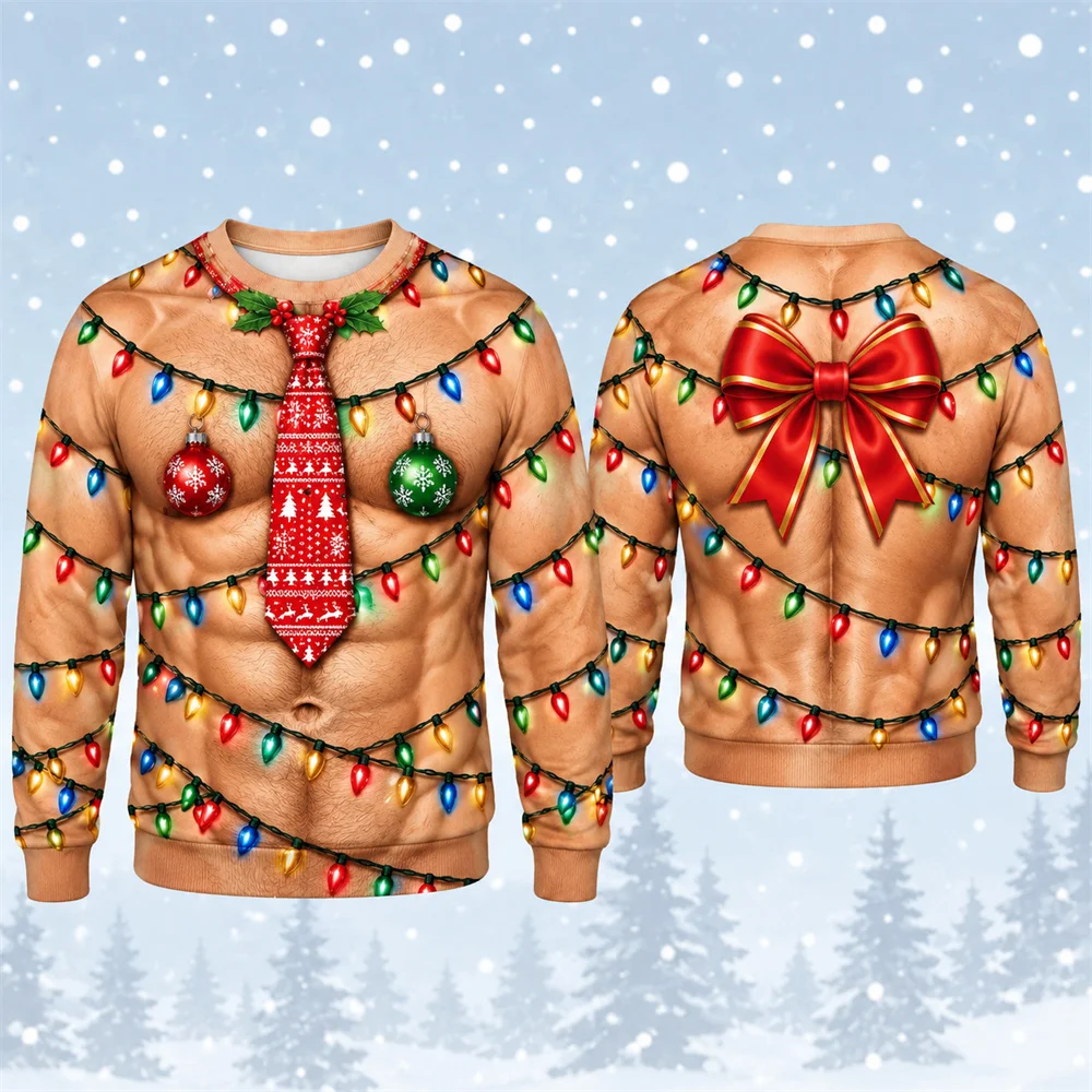 Humour Fun 3D Print Colorful Lights And Muscle Patterns Christmas Ugly Sweater For Men Holiday Personality Unique Sweatshirt New