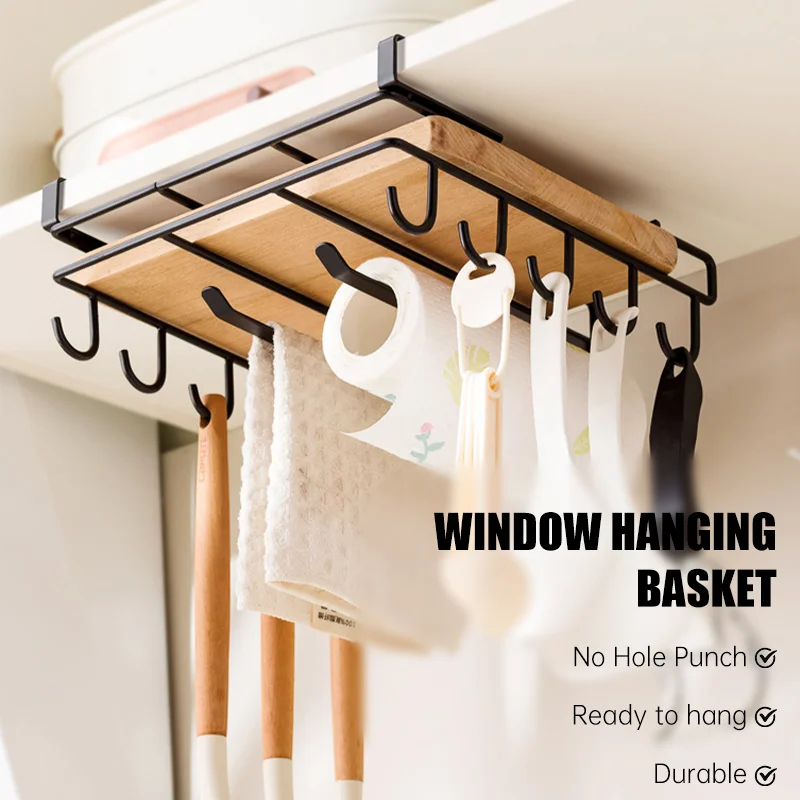 Hanging Cupboard Rack Kitchen Organizer with Hooks for Paper Towel Rags Hanger Cutting Board Pot Cover Holder Storage Shelf