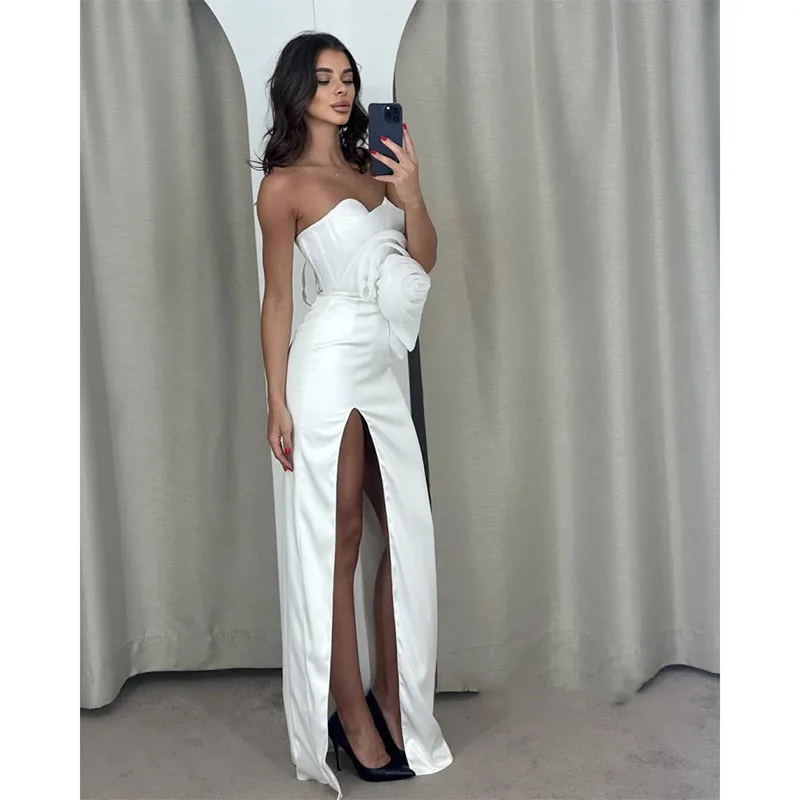 White Sexy Sweetheart Evening Gown Flower Ruched Backless Modern Style Formal Evening Dresses Customize Prom Party Dress