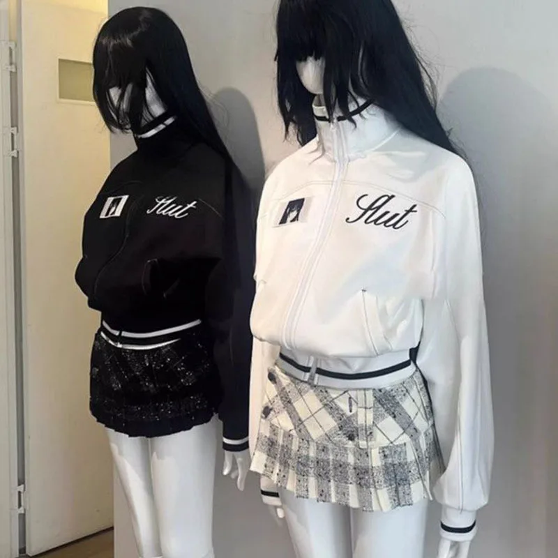 Damen-Fahrradjacke mit japanischem Anime-Mädchen-Buchstabendruck, Street-Style, hoher Kragen, lange Ärmel, Reißverschluss, kurze Jacke