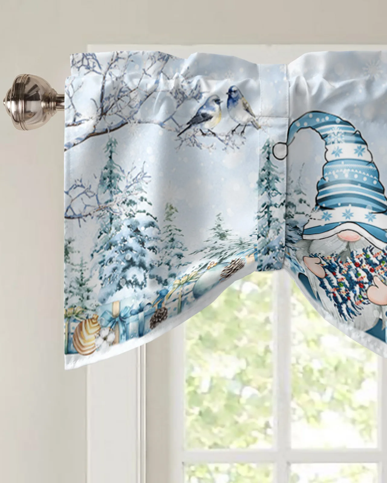 Christmas Winter Snowflake Dwarf Blue Short Window Curtain Kitchen Cafe Cabinet Tie up Valance Bedroom Small Drapes Home Decor