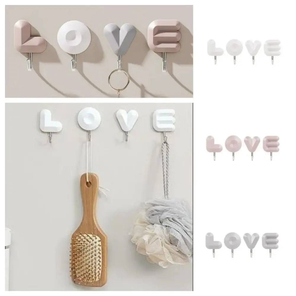 4pcs Wall Decoration Door Coat Hook Cute Key Storage LOVE Plastic Letter Hook Toilet Storage Rack Hanging Hook Decorative Hook