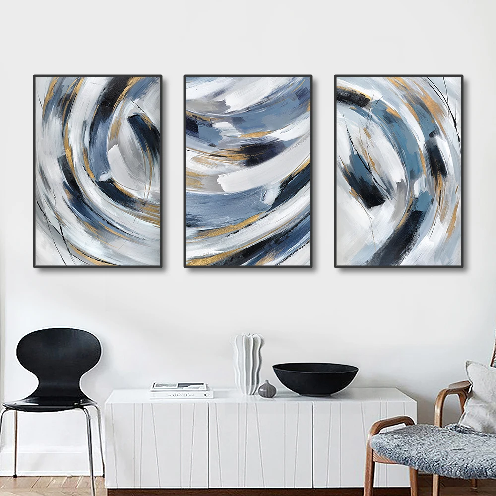 Juego de 3 Cuadros sin Marco, Pintura Abstracta Azul Grisácea con Anillos Anuales, Impresión Artística Nórdica para Decoración d