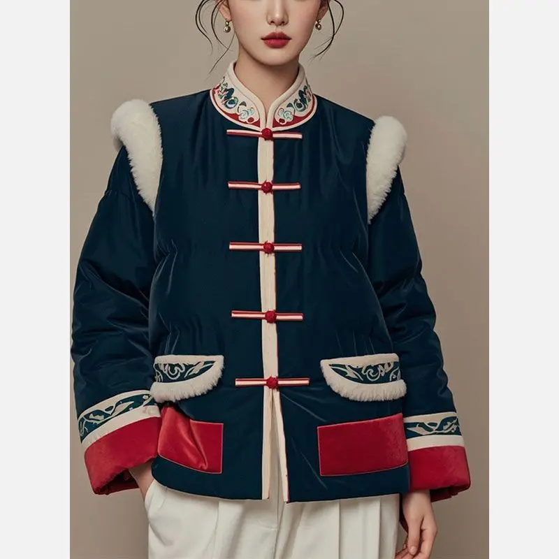 

New Chinese Style Cotton Coat Women Autumn Winter Thickening Vintage Embroidery Blouse