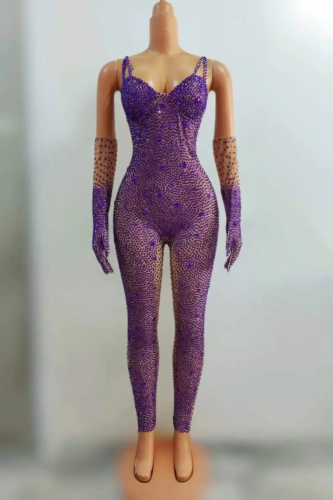 Sling Full Rhinestone Jumpsuits With Gloves For Women Luxury Bodysuits Singer Dancer Charming Glitter Stage Wear Photography