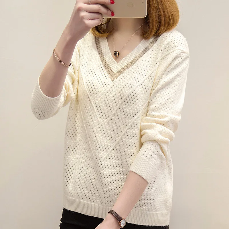 Spring Autumn New Short V-Neck Sweater Women Pullovers Long Sleeve Knitwear Korean Loose Versatile Woolen Top Pull Femme