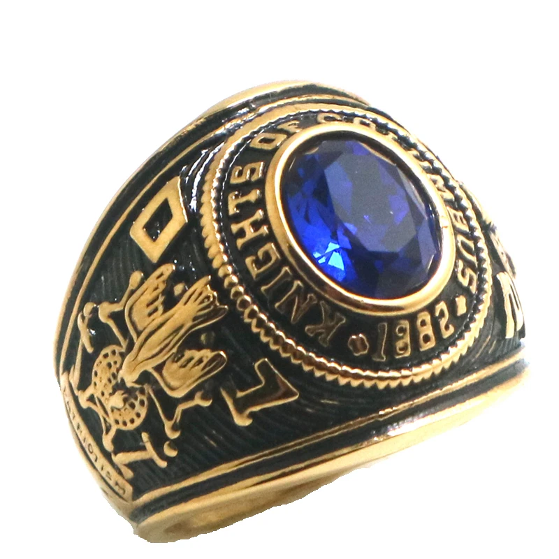 Unisex 316L Stainless Steel Rend Knights of Columbus Christianity Catholicism Blue Stone Gold-Color Ring Since 1882