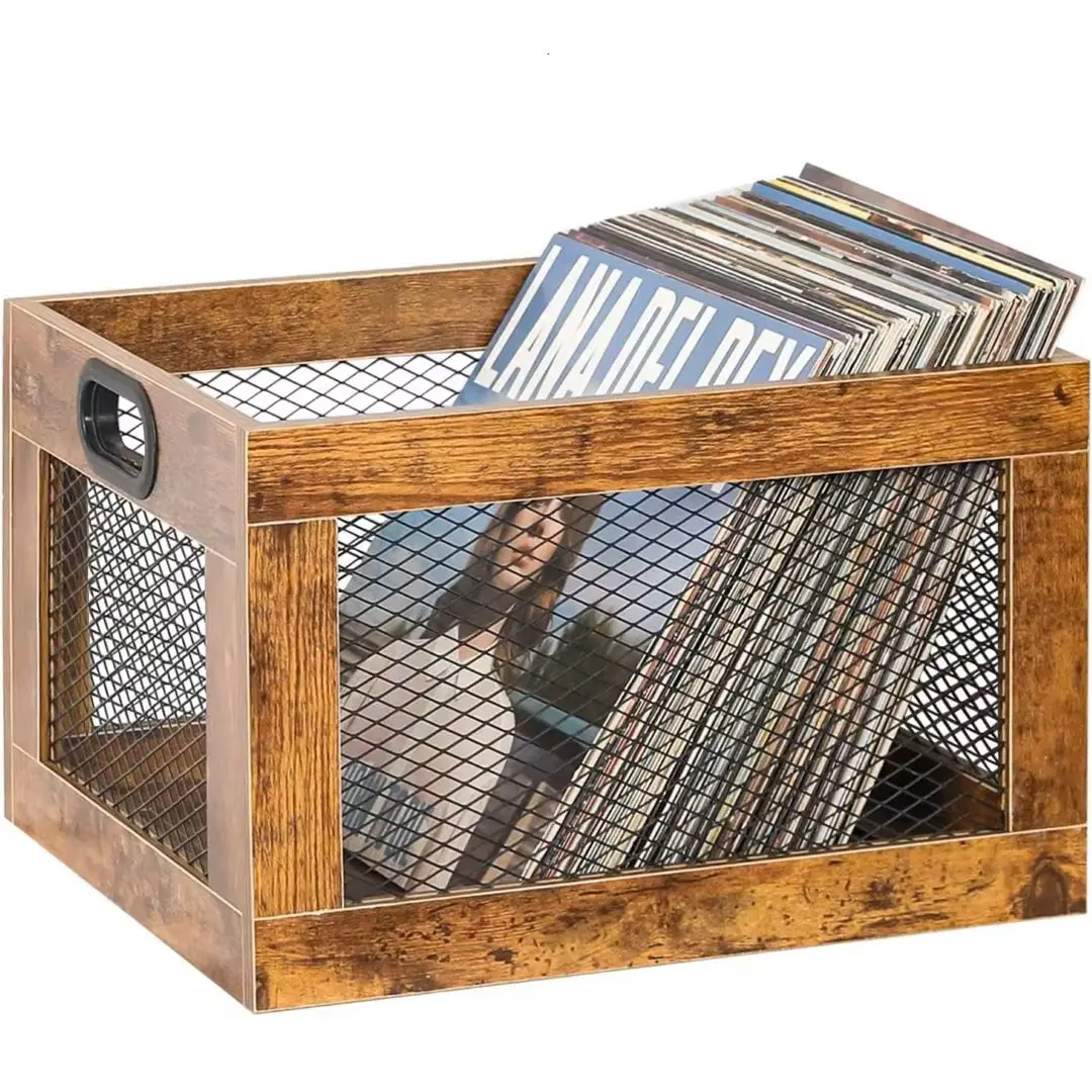 Storage Crate Wooden Record Holder, Classic Cube Organizer, Brown Color Vinyl Record Holder