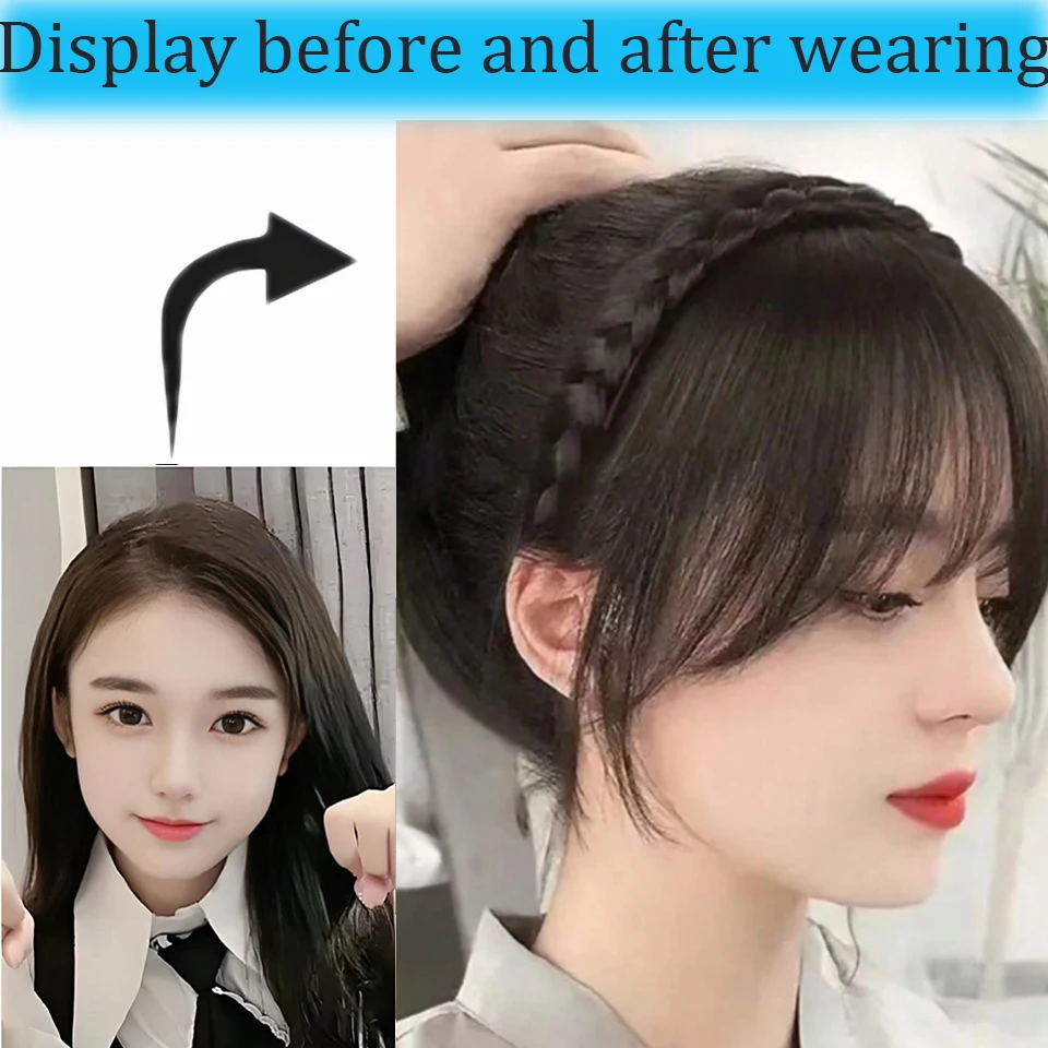 Synthetic Eight Character French Bangs Wig with Handmade Braided Hairband Hairpiece for Daily Party Halloween Christmas Festival