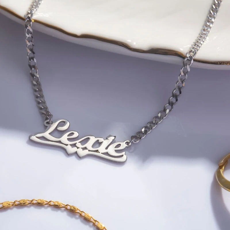 Custom Ribbon Heart Name Necklace Women Girl Love Jewelry Personalized Gold Color Stainless Steel Cuban Chain Nameplate Necklace