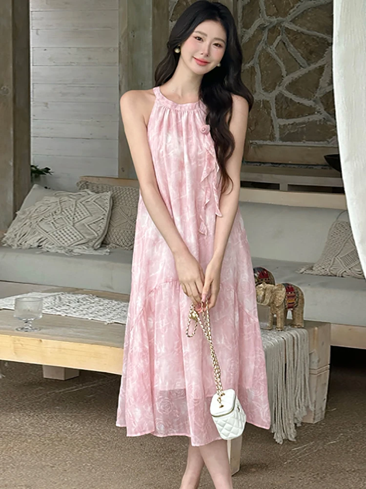 여성 핑크 플로럴 시크 러플 넥 드레스 여름 보헤미안 엘레강스 캐주얼 루즈 웨이스트 드레스 2025 한국 럭셔리 휴가 드레스