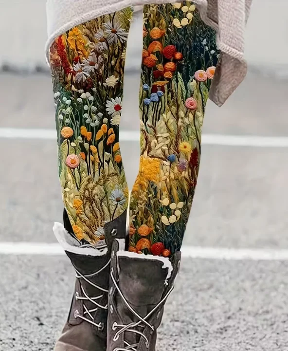 เลกกิ้งสตรี เลกกิ้งลายดอกไม้ย้อนยุค ถุงน่องยืดทรงสลิม กางเกงโยคะแฟชั่นเซ็กซี่ กางเกงออกกำลังกายสุดเท่