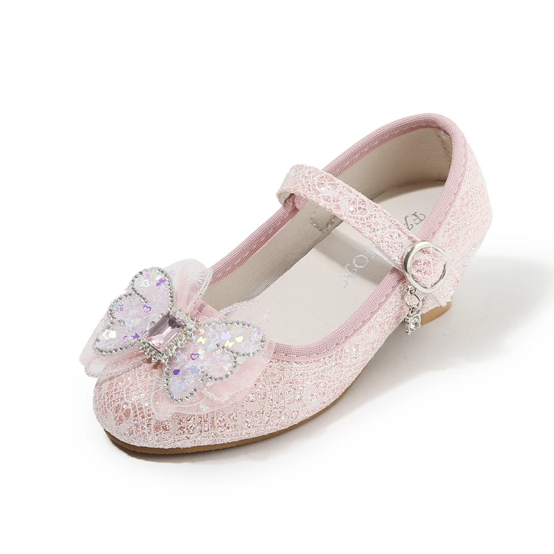 JGSHOWKITO Girls Princess Shoes High Heeled Sequined with Crystal Bow-knot Sweet Kids Shoes for Wedding Party Chic Pretty Soft