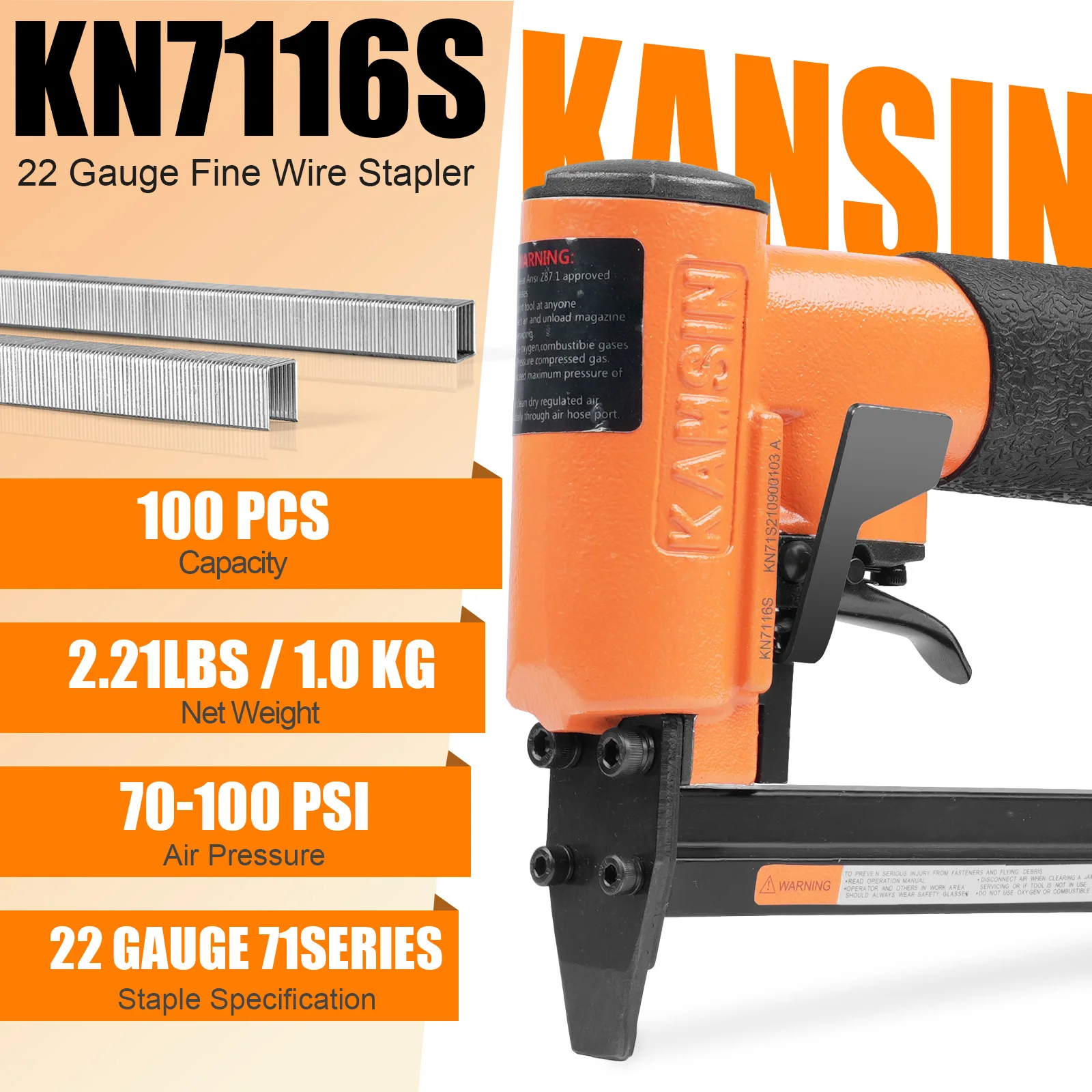 

KN7116S22 Gauge Pneumatic Upholstery Stapler Continuous Firing 3/8-Inch Crown 1/4-Inch to 5/8-Inch Leg Length Fine Wire Stapler