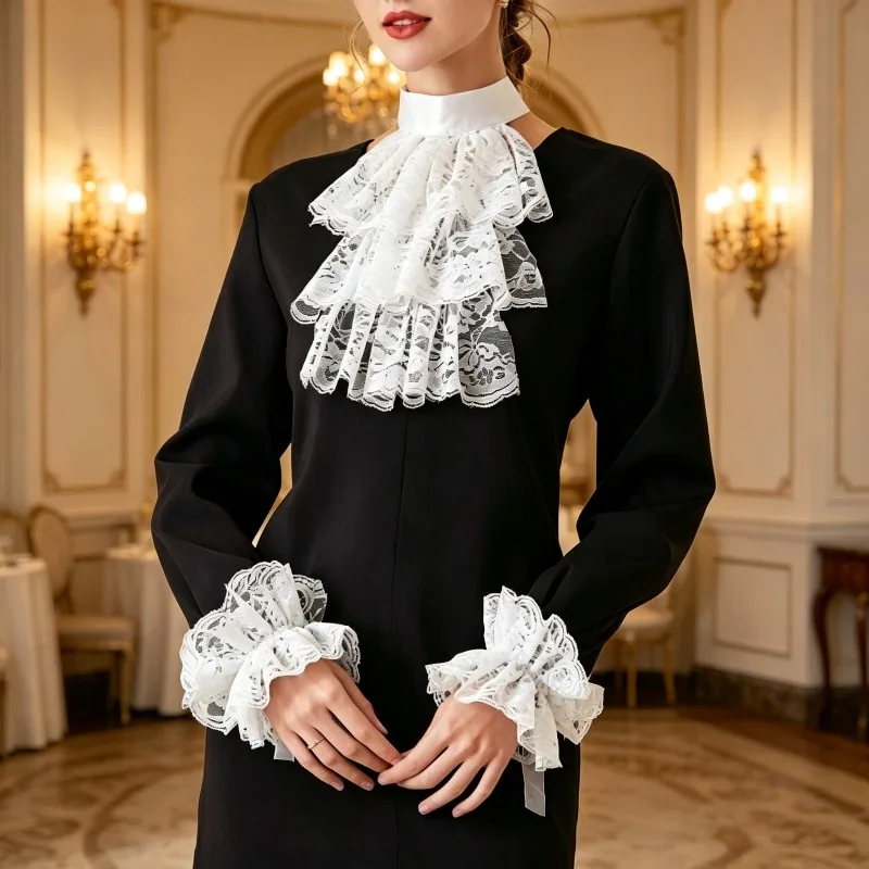 New Arrival Masquerade Party Vintage Court Ruff Collar Cuffs Lace Neck Collar Gloves Set Black White