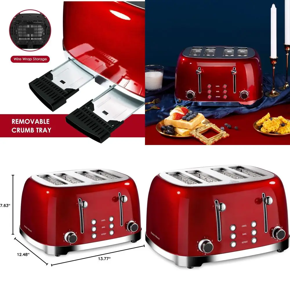 

Retro Stainless Steel 4-Slice Toaster with Wide Slots, 6 Browning Levels, Defrost, Cancel, and Removable Crumb Tray, Red
