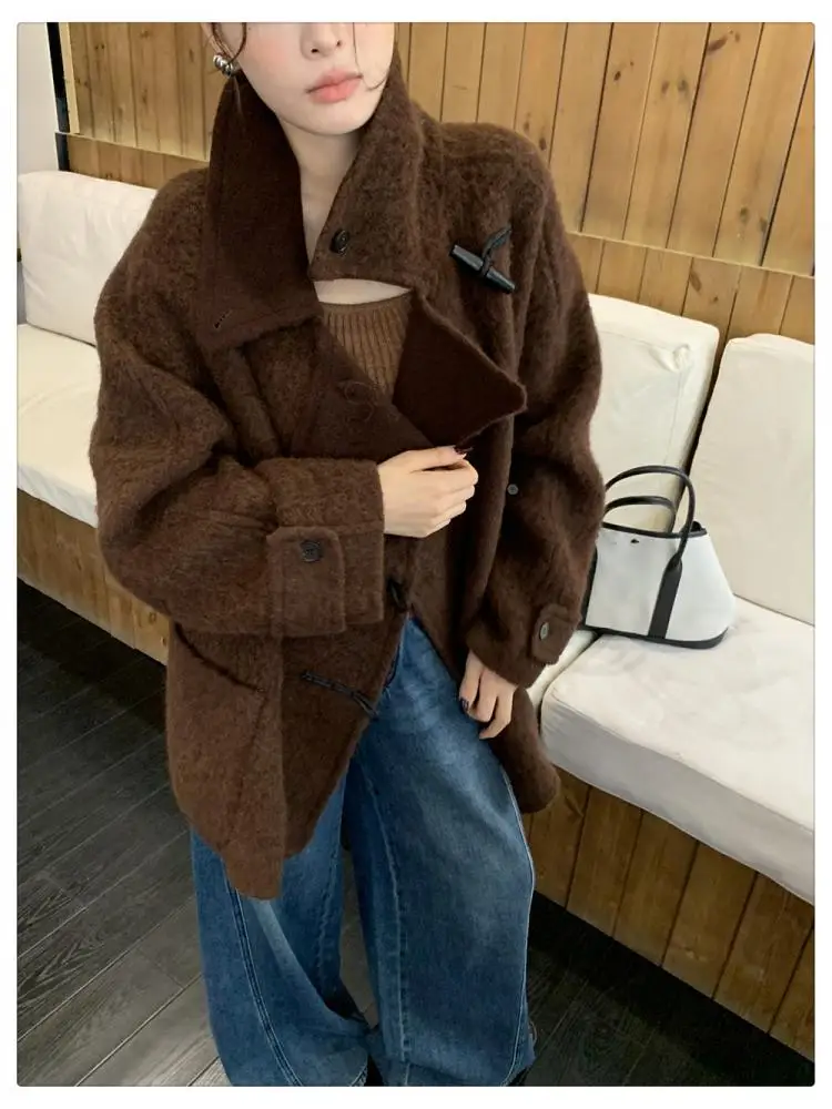 

Lady's Short Woolen Alpaca Jackets 2025 Autumn And Winter Stand Collar Loose Single-Breasted Thicker Warmer Women's Wool Coats