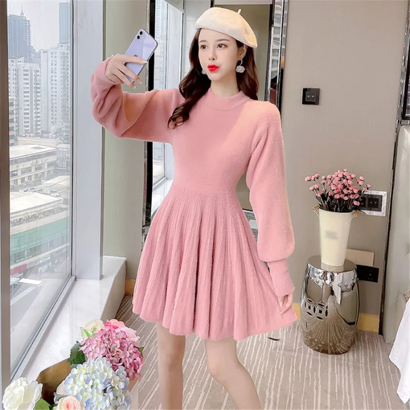 

Pink Knit Dress Spring and Winter New Style Mink Fur Sweater Dresses Women Pleated Short Dresses Female Sweet Vestidos