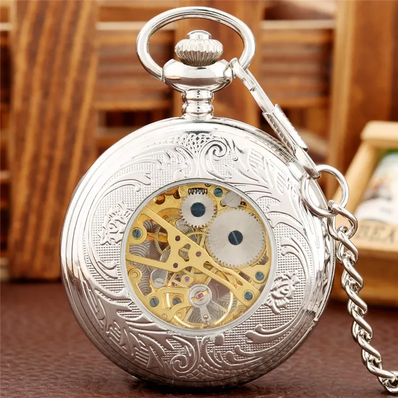 Vintage Silver Carved Roman Number Case Men Women Handwinding Mechanical Pocket Watch Skeleton Dial with Pendant Fob Chain Gift