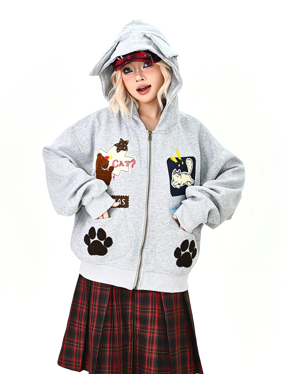 

Модный кардиган-худи оверсайз с вышивкой и капюшоном Lazy Ear Hat для женщин, весна 2026, уличная одежда