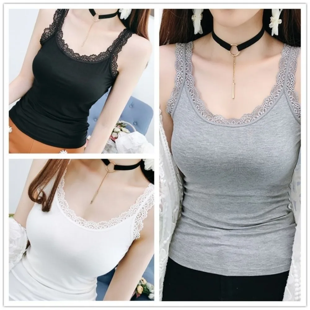 Casual U Neck Summer Tank Tops Sleeveless With Lace Fitted Tops Underwear Loose Cami Top Shirt for Women