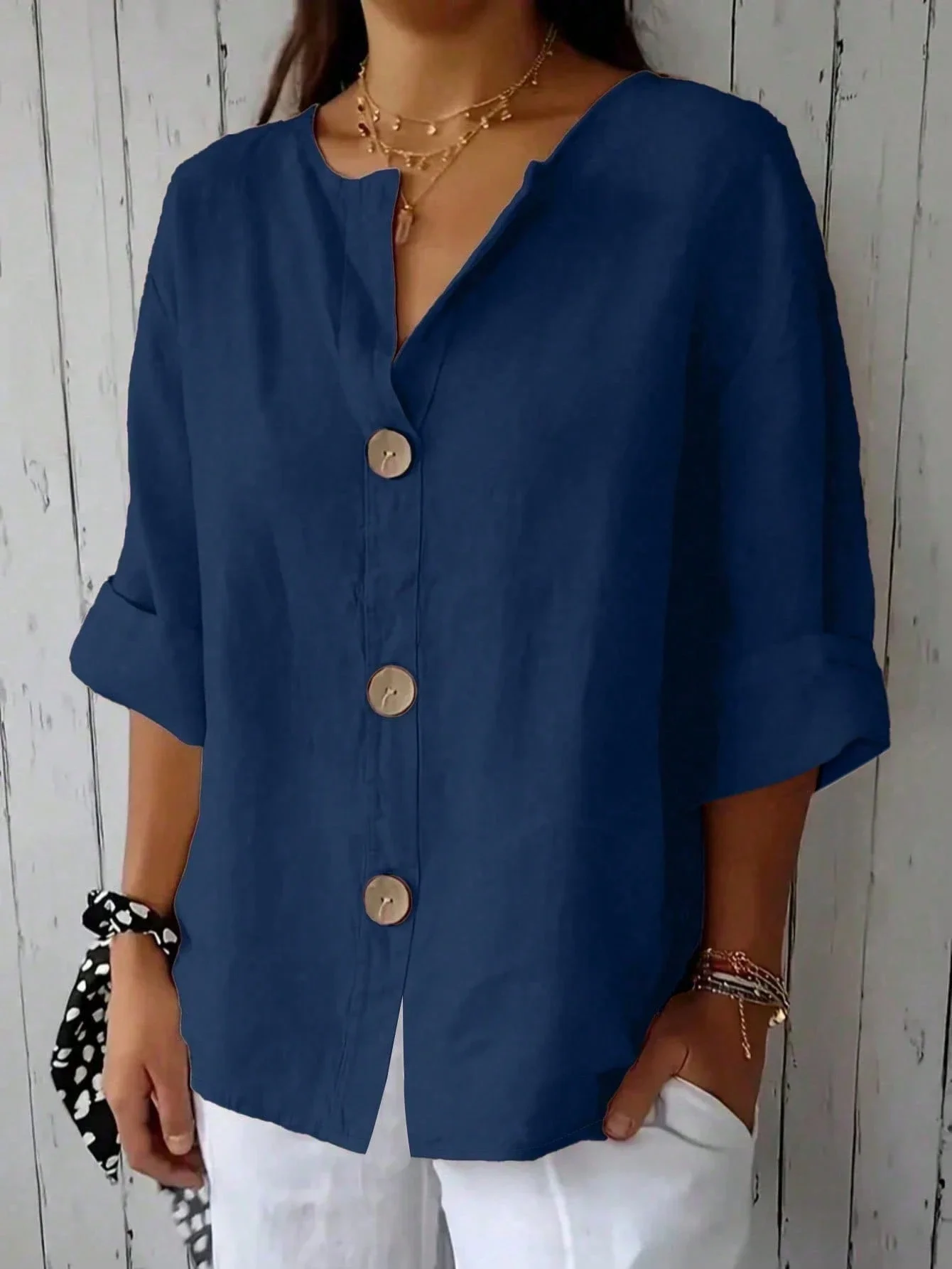 

Plus Size Women Solid Color Front Button Shirt Spring Casual