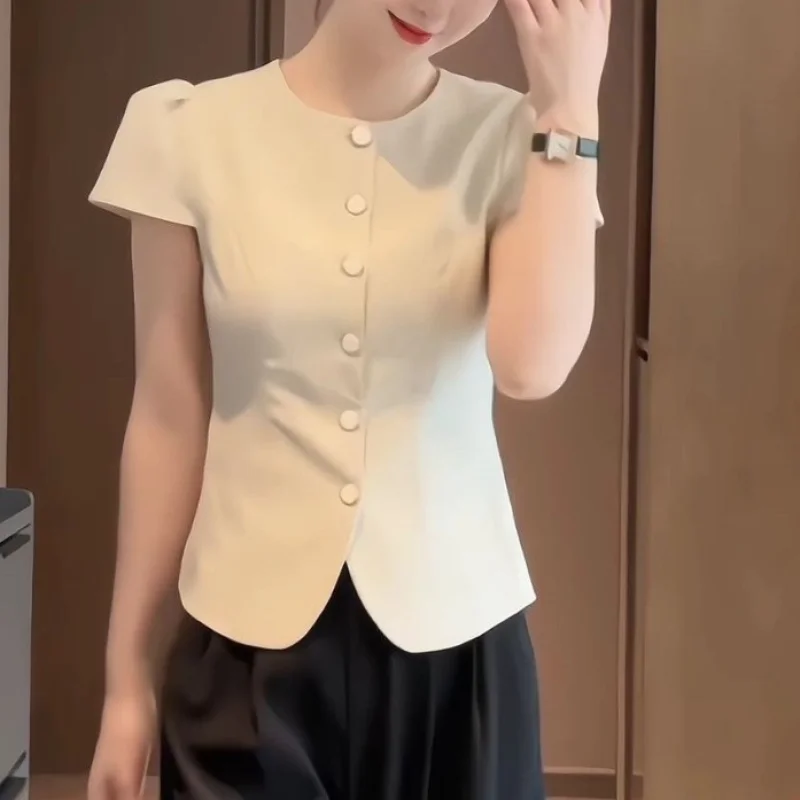 2024 Solid Color Commuter Blouse Summer New Women's Crew Neck Button Asymmetrical Elegant Slim All-match Puff Sleeve Shirt Tops