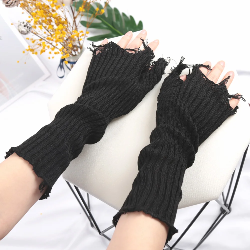 Gothic Anime Soft Gloves Autumn Winter JK Girls Mittens Oversleeve for Women Men Cool Tattered Style Cuff Fingerless Arm Warmers