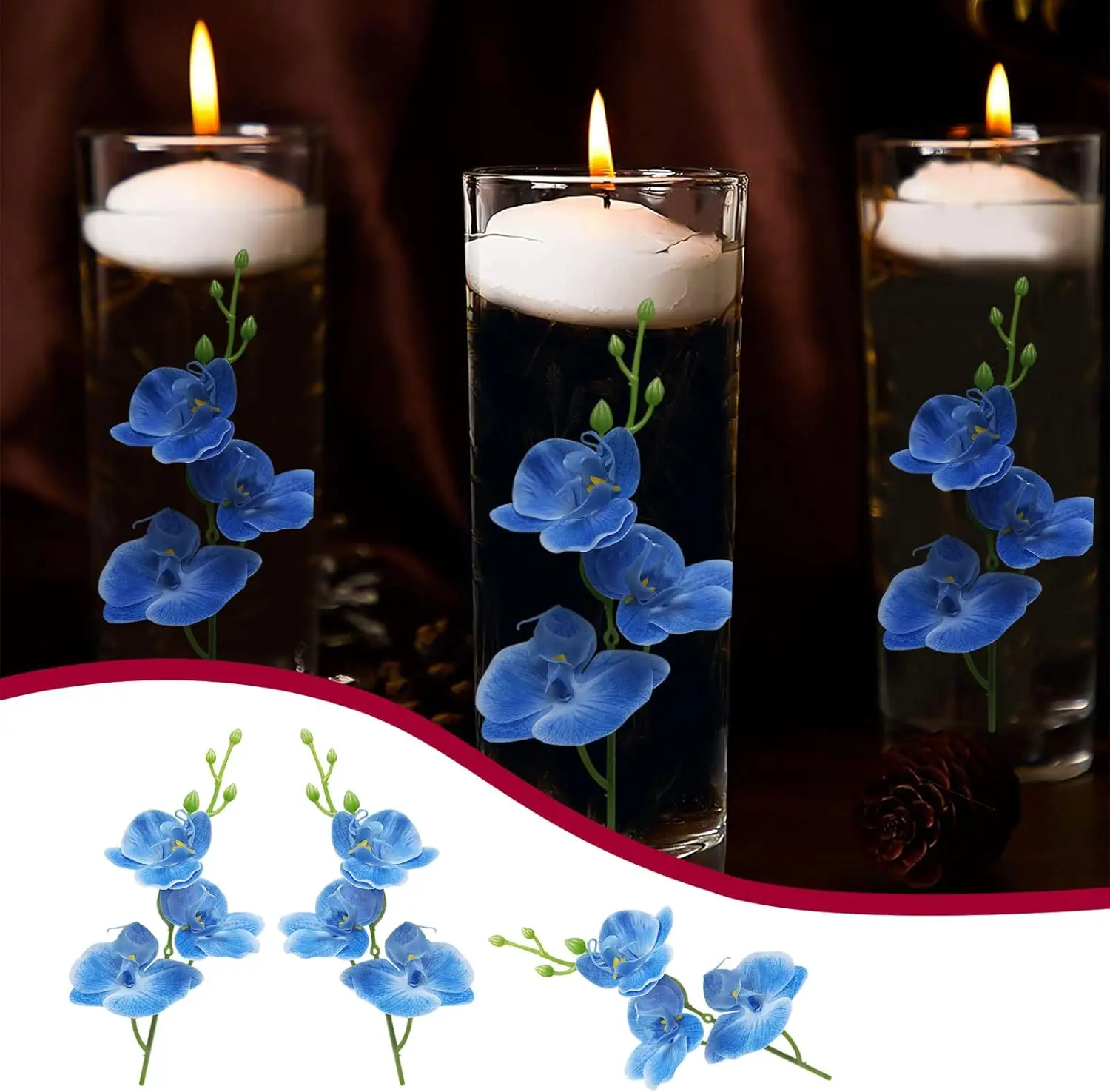 5Pcs Artificial Flower Vase Fillers for Floating Candles Blue Orchid Flower Vase Fillers for Table Centerpiece Wedding Party