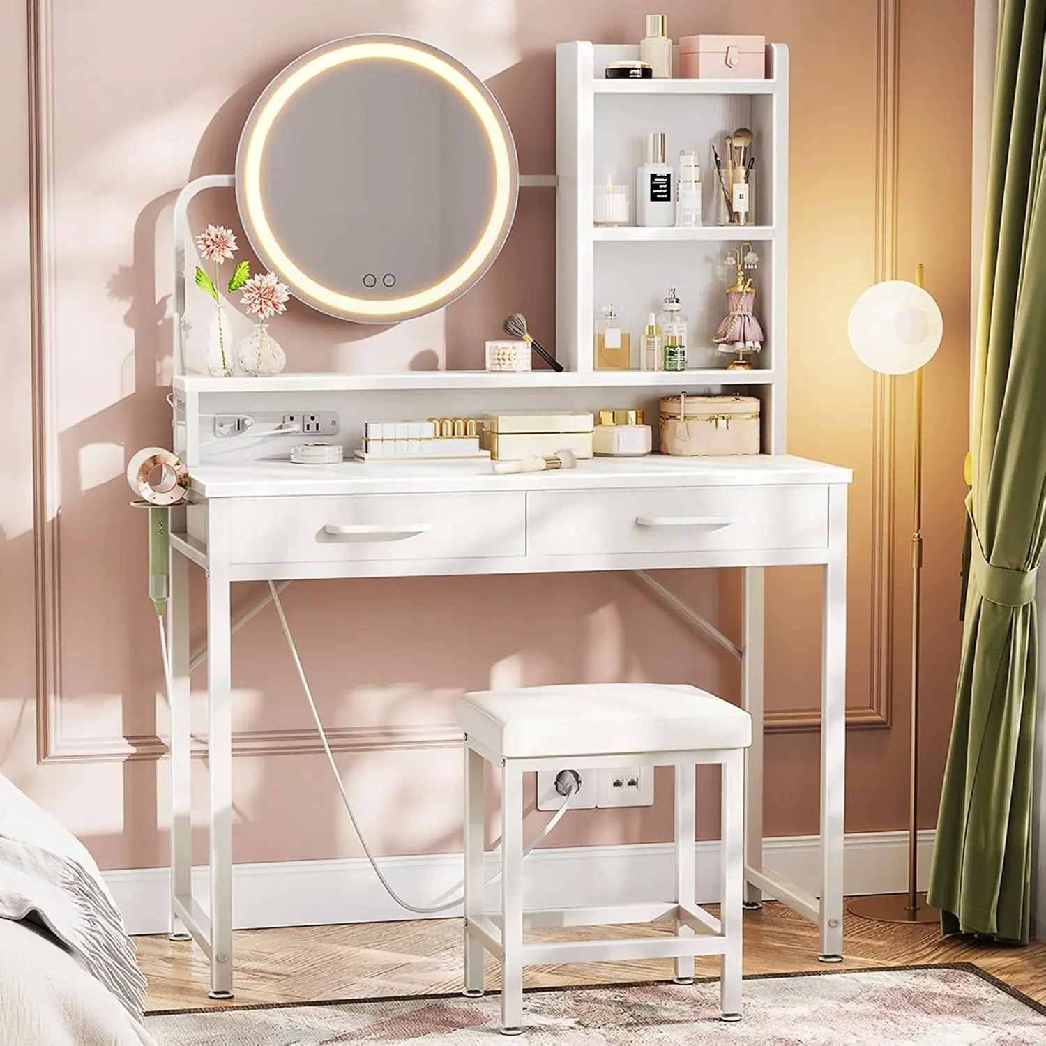 Vanity Desk with Mirror and Lights, 32 Inch Makeup Vanity Mirror with Lights Desk and Chair, Small Vanity Desk Mirror