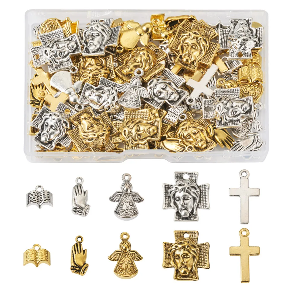 

100Pcs Tibetan Alloy Pendants Antique Color Angel Cross Pray Gesture Charms For DIY Bracelet Necklace Jewelry Making