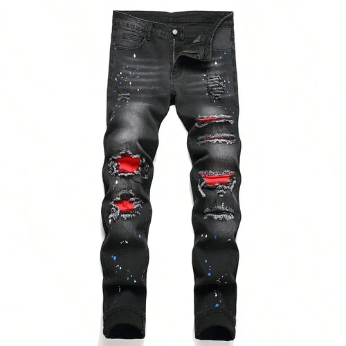 Pantalones vaqueros ajustados elásticos y2k para hombre, pantalones informales rasgados con agujeros de retales, pantalones vaqueros ajustados de Hip Hop, Pantalones rectos negros