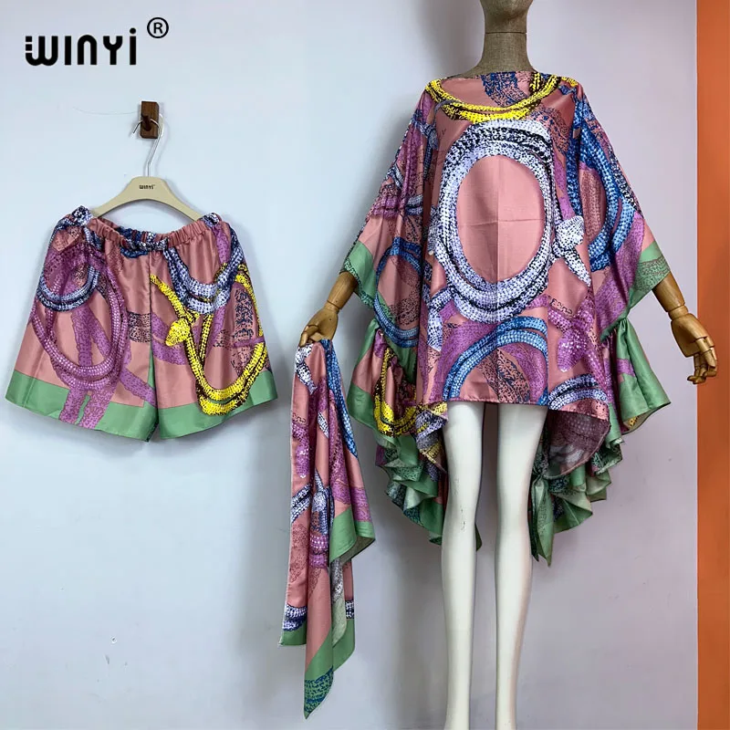 WINYI nowy codzienny strój rekreacyjny moda artystyczna plaża boho print kobiety eleganckie szorty garnitur okrycie plażowe 3 częściowy zestaw dla