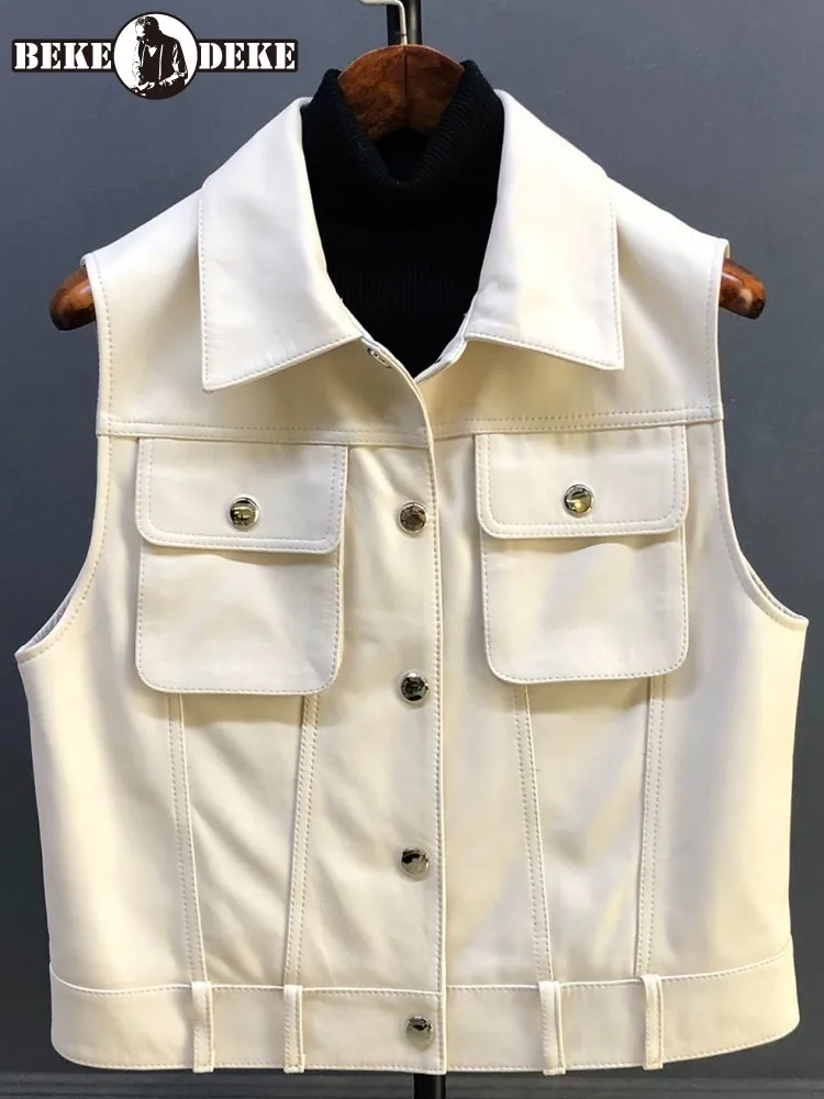 

Fashion Office Ladies Solid Color Square Collar Genuine Leather Vest Loose Single Breasted Pocket Sheepskin Sleeveless Coat