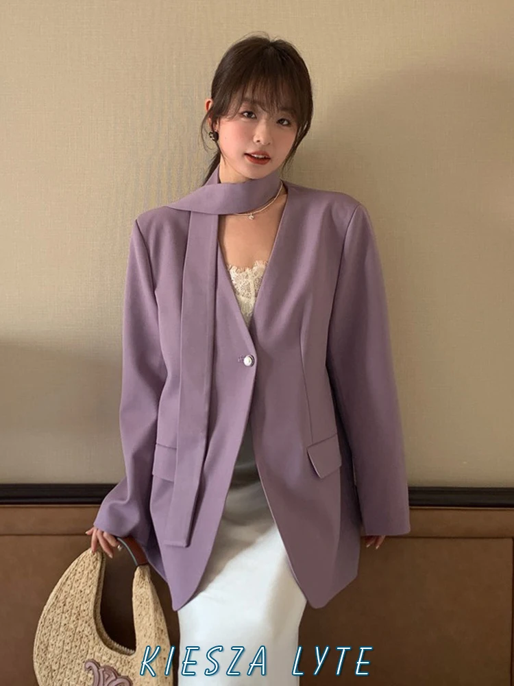 Fashionable Korean Version Casual Lady-like V-neck Belted Loose Purple Blazer for Women Spring 2024 Paris Fashion Show Jackets