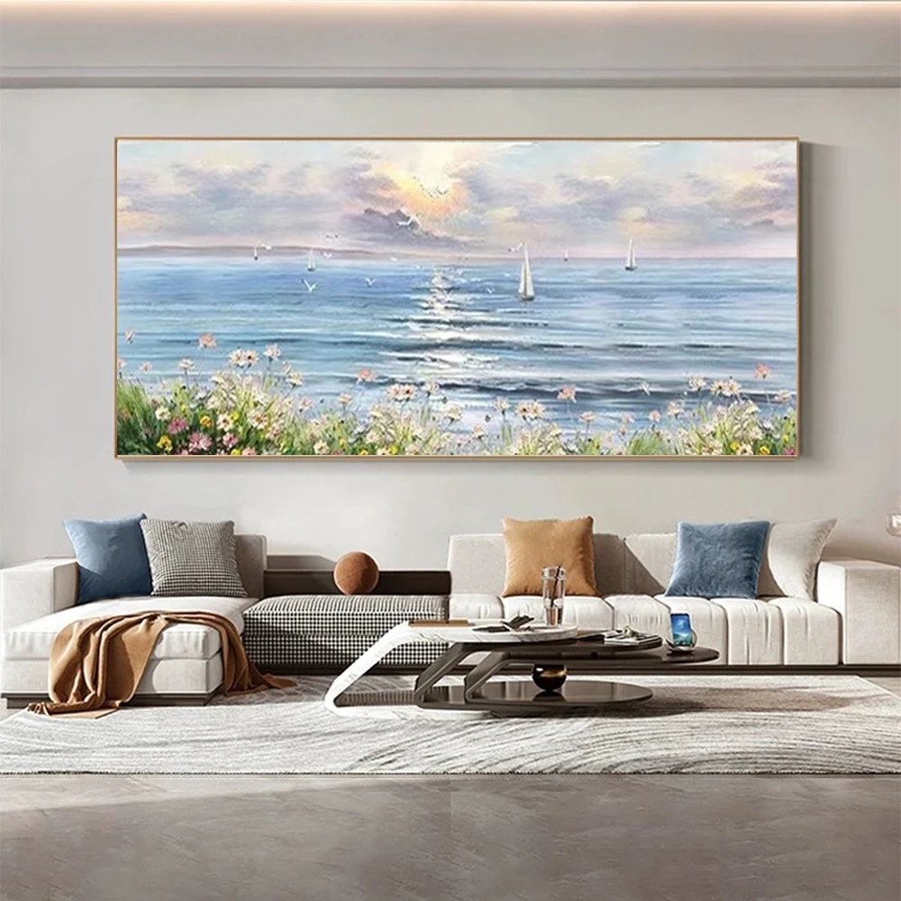 

Large Canvas Wall Painting Hand Painted Abstract 3D Flower Seascape Oil Painting Sunrise Painting for Living Room Bedroom Decor