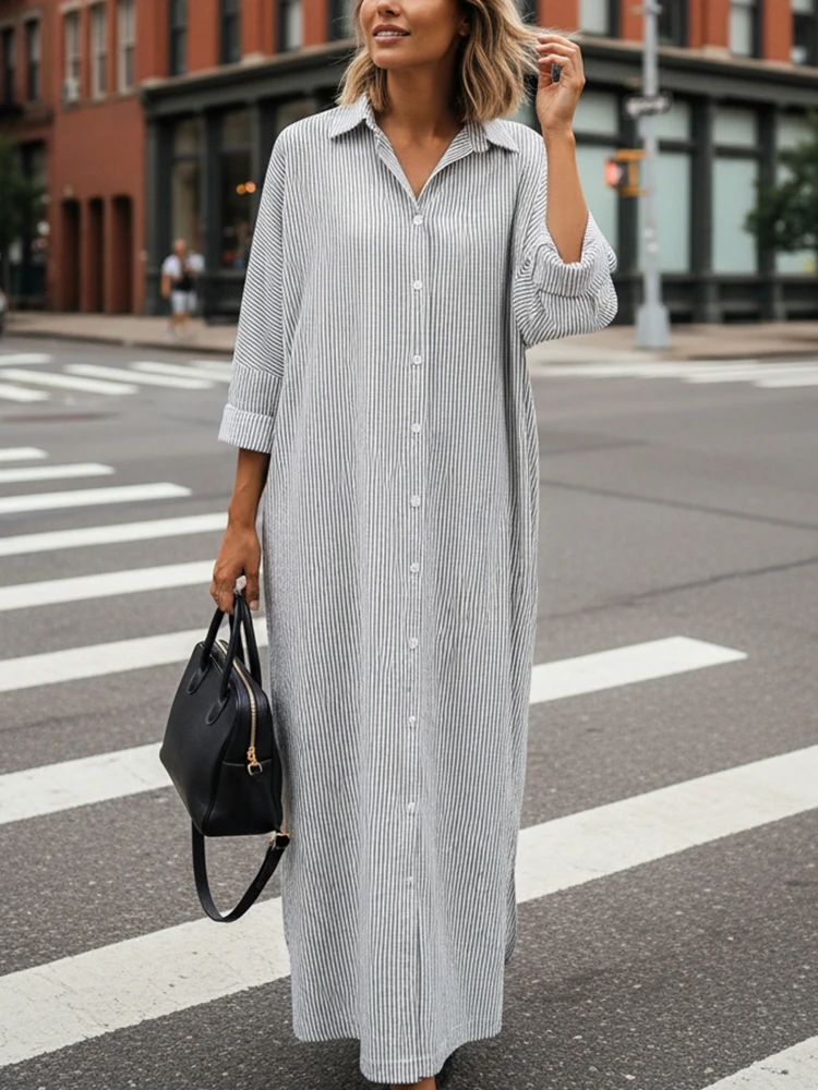 ZANZEA فساتين طويلة كبيرة الحجم للسيدات غير رسمية مخططة بياقة مقلوبة وأكمام طويلة وفتحة جانبية فستان ماكسي ملابس خروج للخريف #2