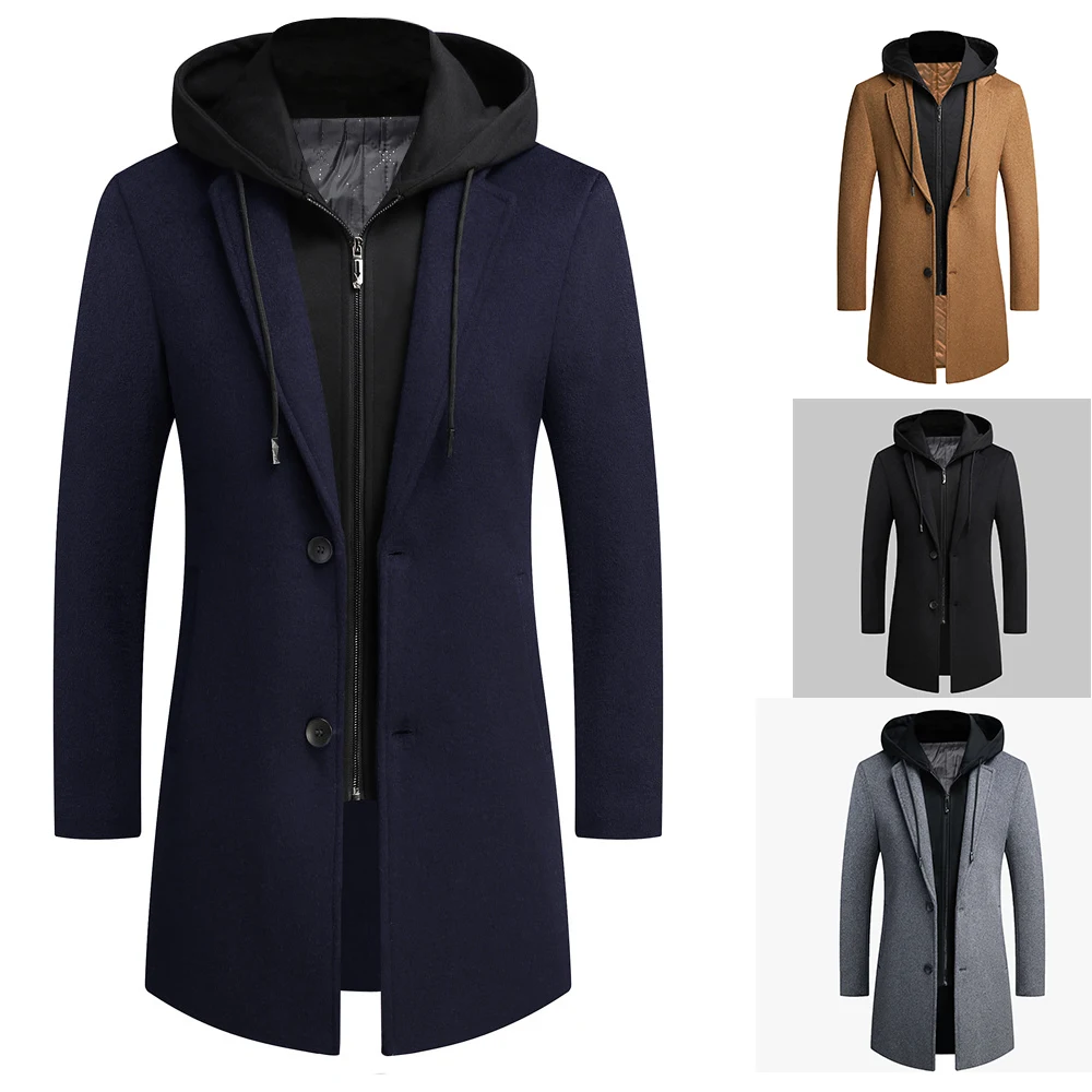 

Large Size Autumn Winter New Style Men's Wool Overcoat Medium-Length Double Collar Detachable Hat Blends Coat