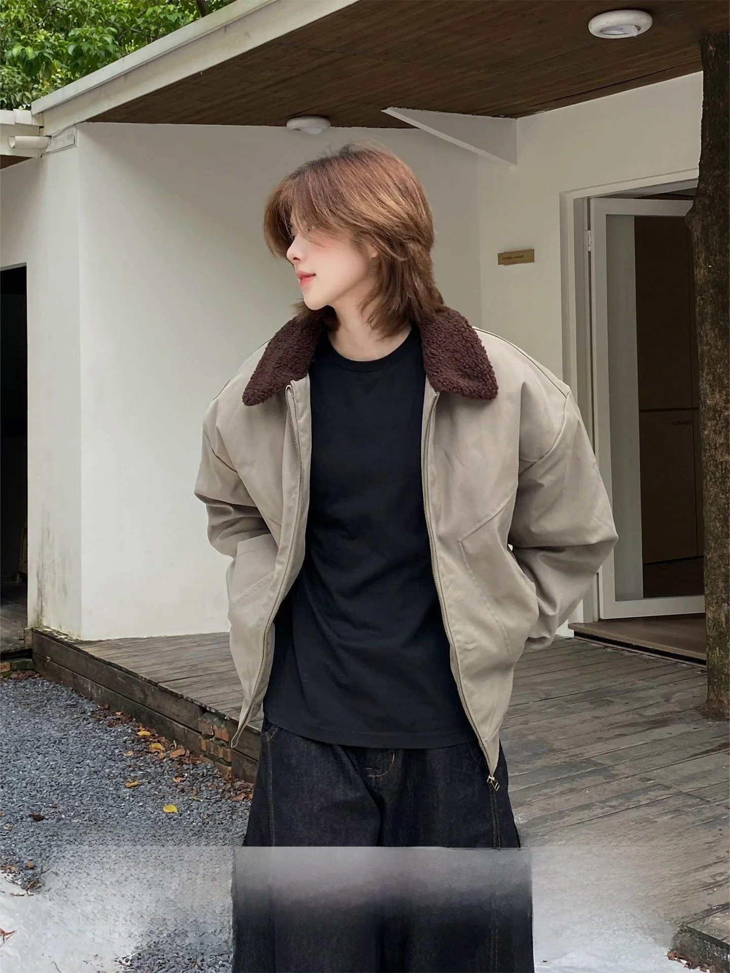 

Warm Cotton Jacket Barnyard Lamb Fur Collar Color Block Neutral Couples Style Coat Vintage Commute Loose Fit Long Sleeve Zipper