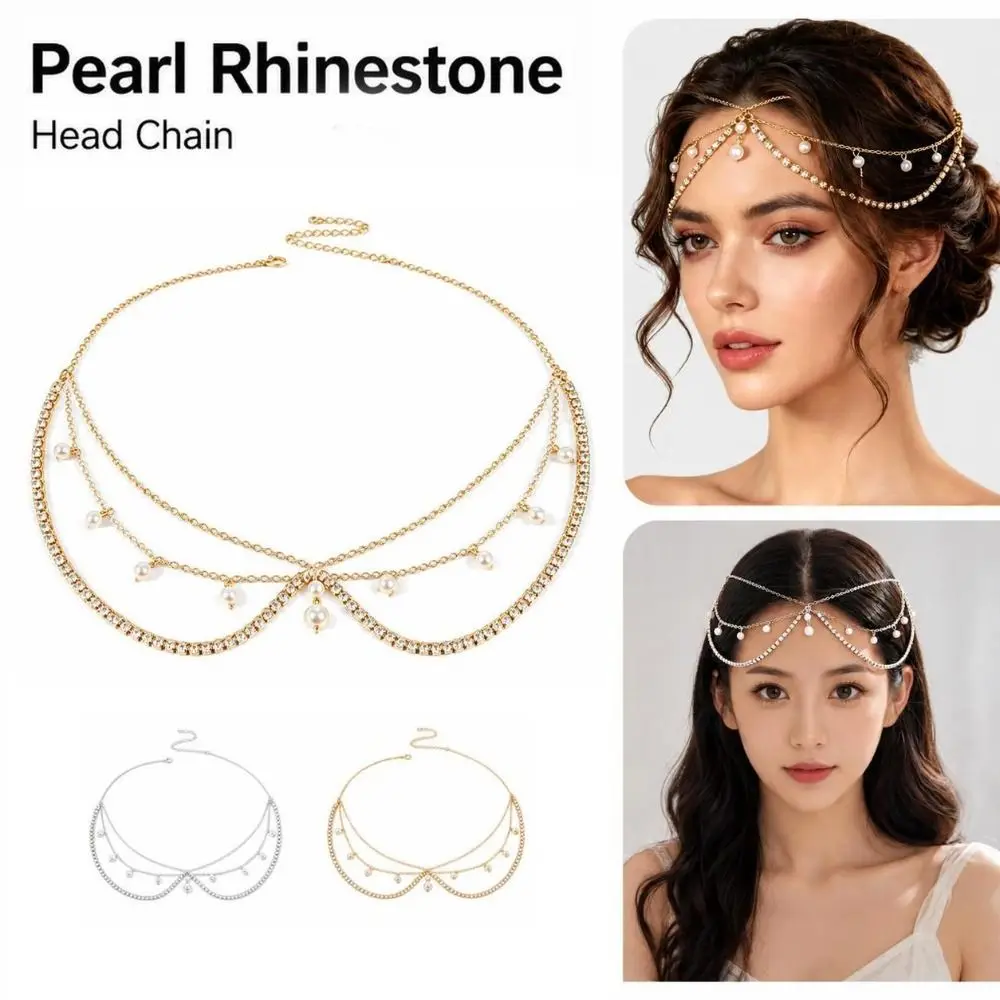 Rhinestone Embellishment Pearl Rhinestone Hairpin Chain Lightweight Vintage Exotic Style Boho Tassel Head Chain Multilayer