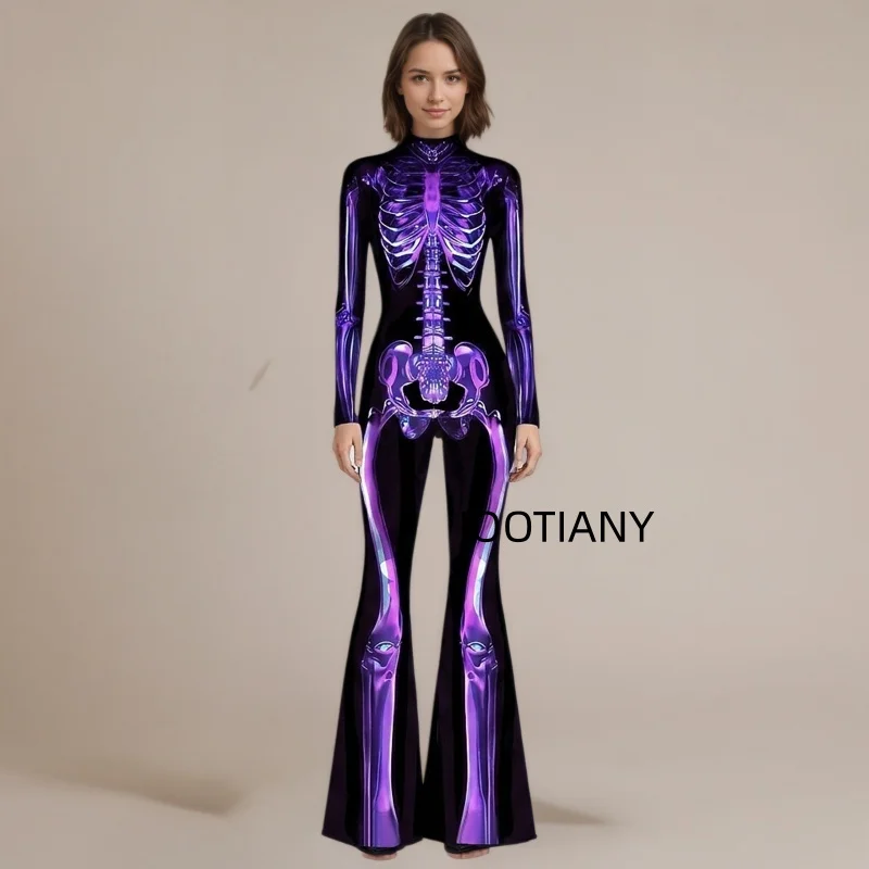 Damen-Jumpsuit mit ausgestellten Schlaghosenbeinen, geometrischem Schmetterlings-Skelett-Muster, figurbetont, Catsuit, Festival-, Rave-, Halloween-Cosplay-Outfit – Detail 7