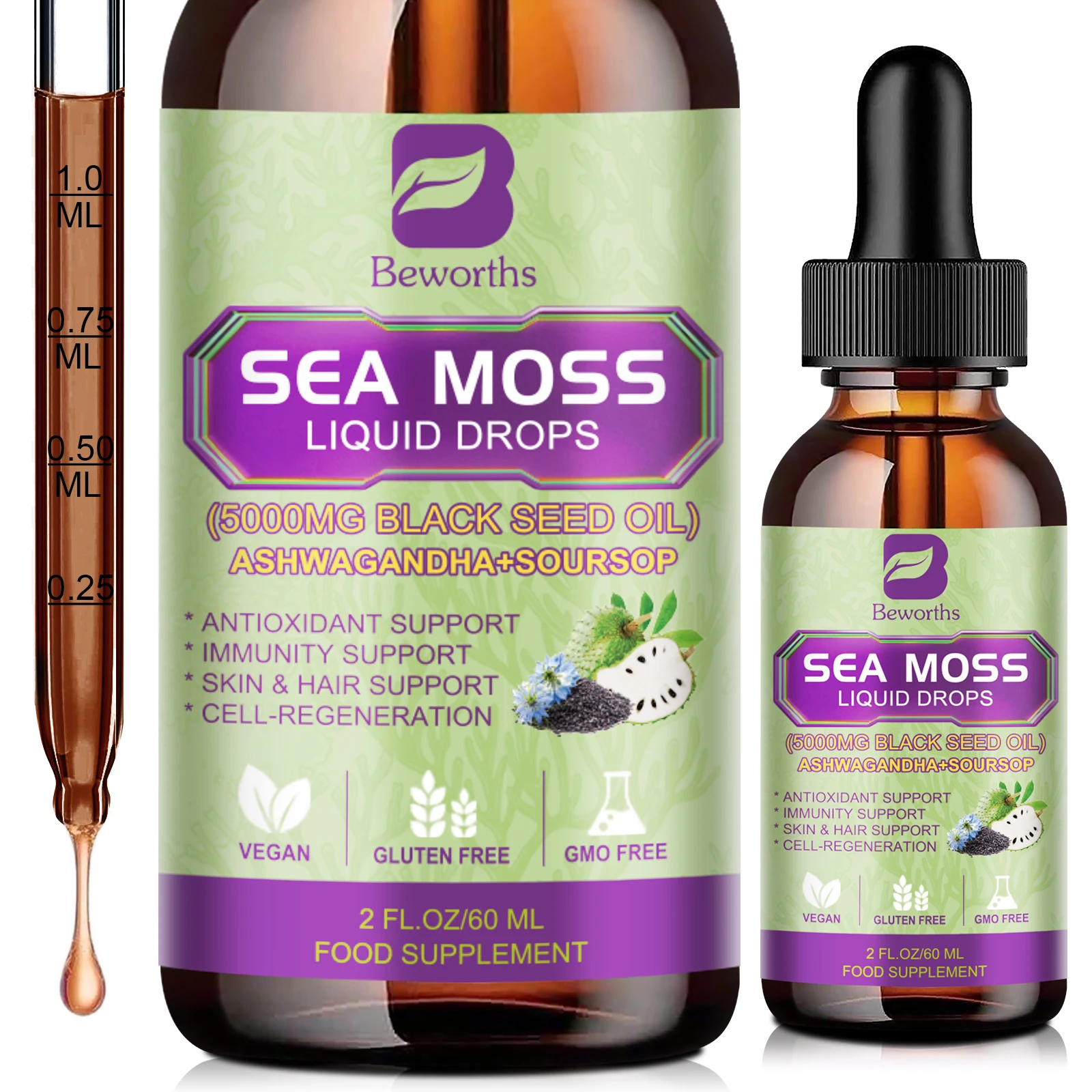 BEWORTHS Sea MOSS & Soursop Graviola экстракт капель поддерживает иммунитет и здоровье почек, способствует пищеварению и антиокислению