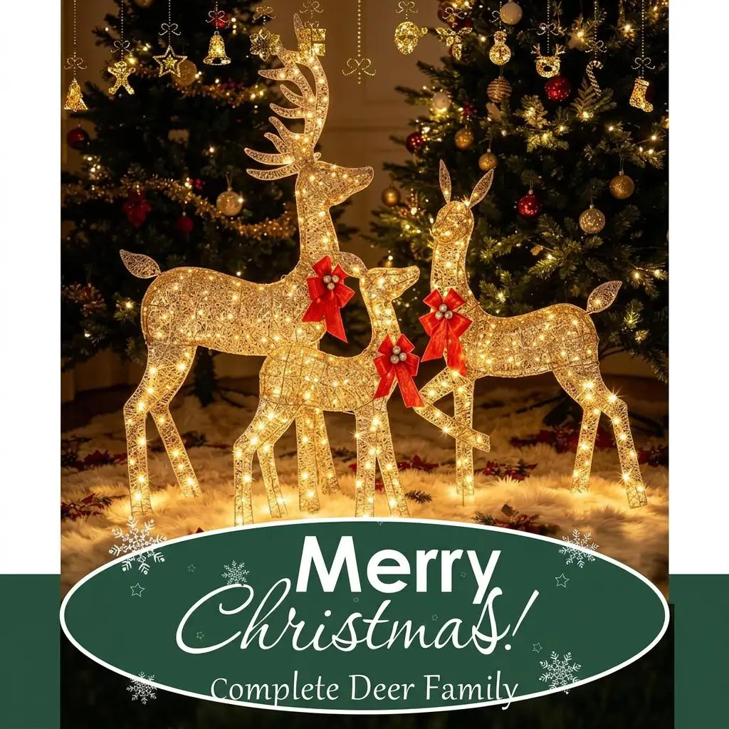 3FT Lighted Christmas Reindeer Outdoor, 3D Gold Pre-Lit Deer with Warm White LED Lights & Red Bow for Yard Lawn Front Porch Garden