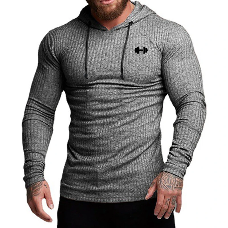 Autumn Breathable Quick Dry Knitted Hooded Shirt Men Fitness Sport Long Sleeve Hoodie Gym Bodybuilding Muscle Slim Fit Pullovers