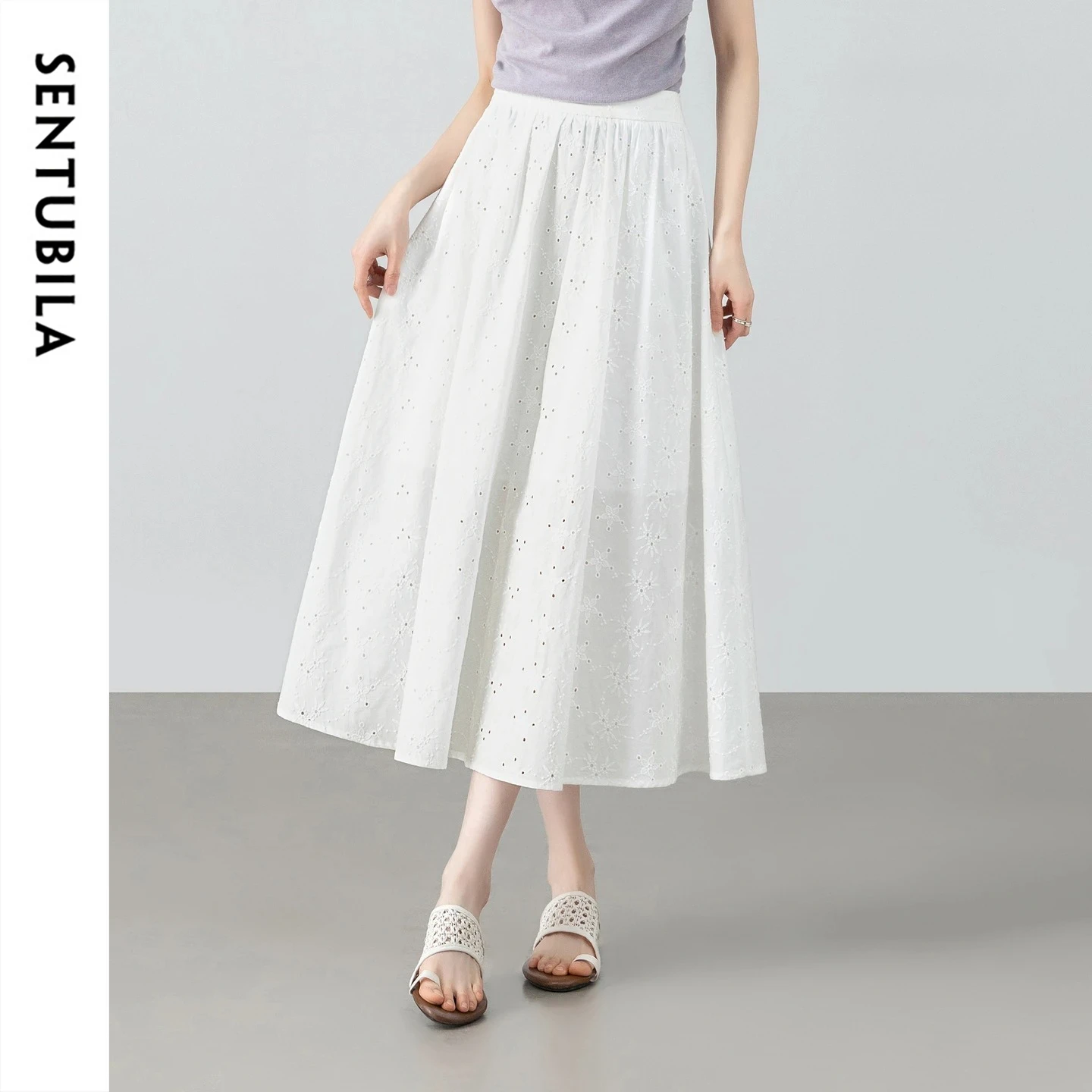 SENTUBILA Elegant 100% Cotton White Midi Skirt 2026 Summer Madeira Embroidery Loose Casual A-Line Skirt Women's Bottom 162QA6912