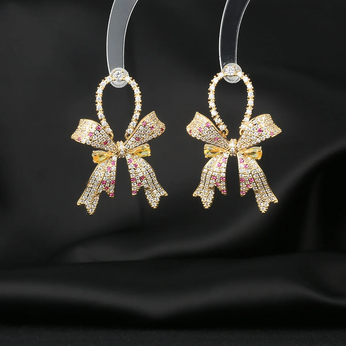 Sweet Bow Micro Inlaid Zircon Stud Earrings Luxury Elegant Women New Fashion Delicate Design Ear Jewelry Gift
