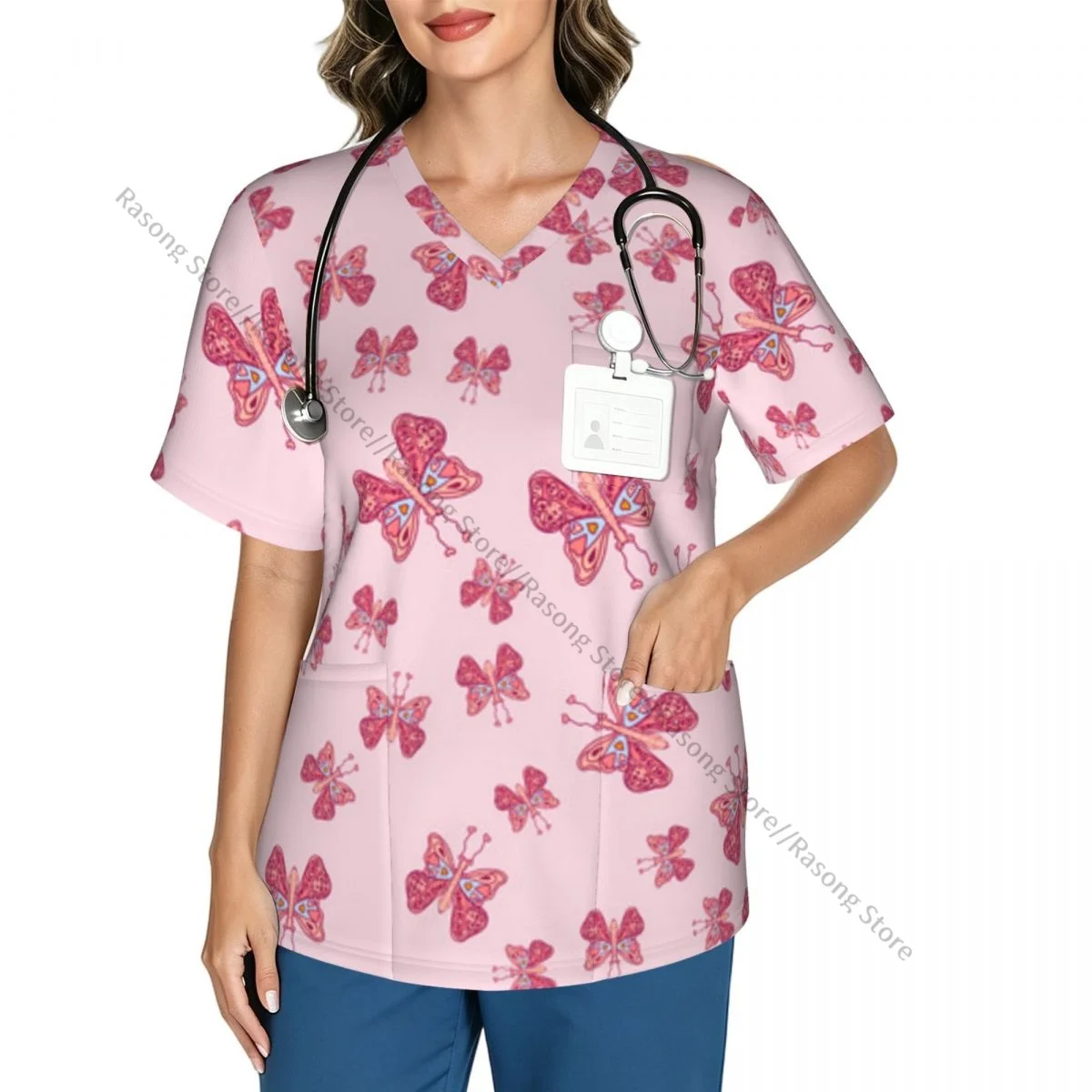 Butterfly Pattern Cute Elegant Design Scrubs tops medical uniforms women V Neck Stretch Scrub Shirt Dentist doctor Blouse