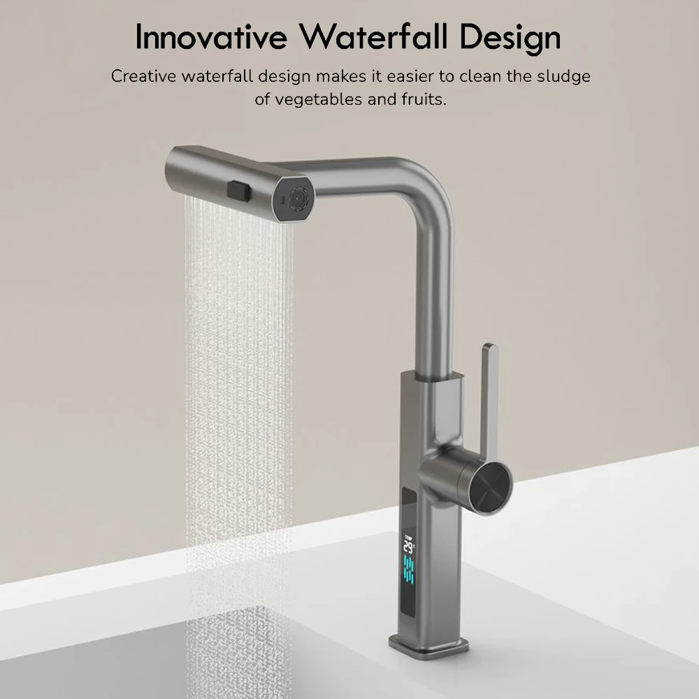 New Design Waterfall Pull Out Kitchen Faucet Mixer 360 Rotation  Kitchen Sink Water Tap with Pull Down Stream Sprayer Black Grey